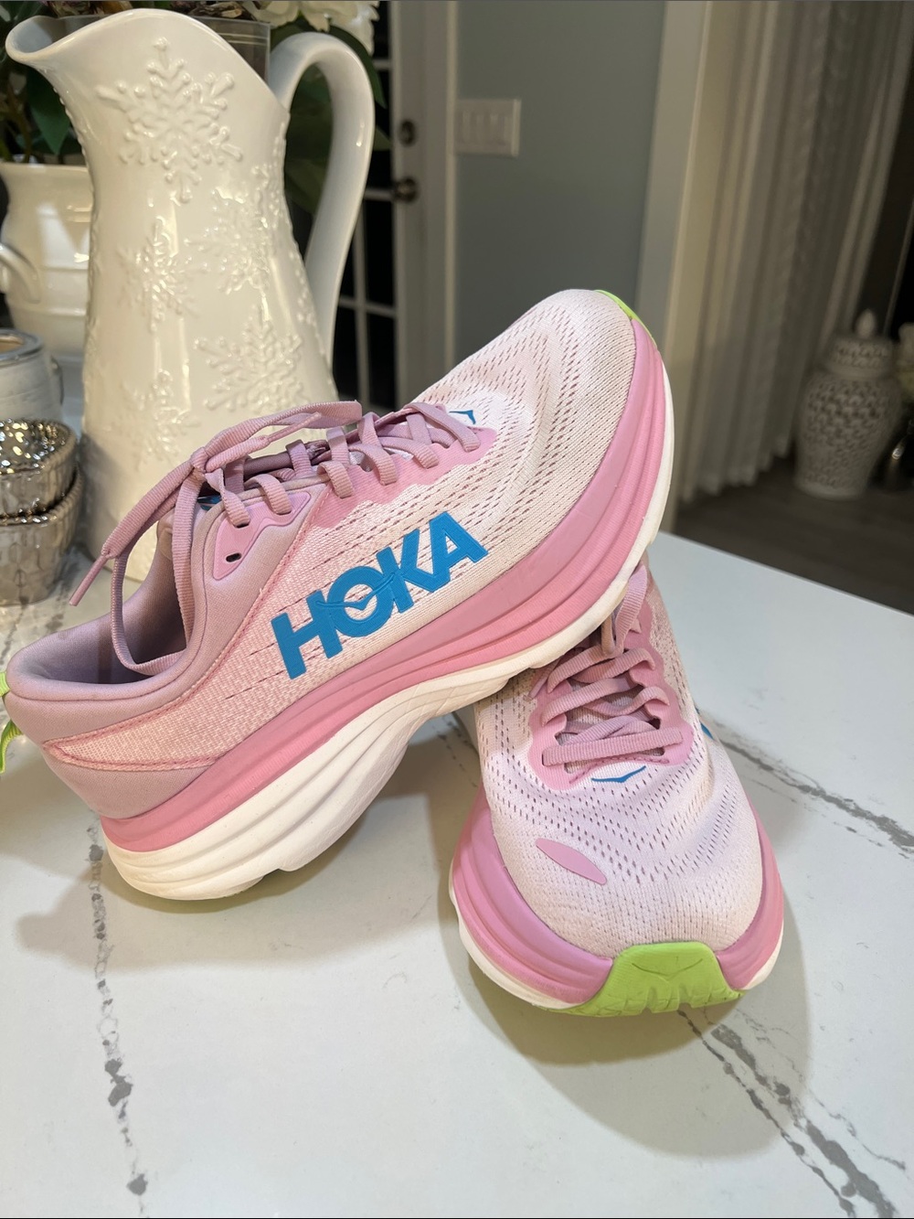 Hoka Bondi 8 Women's Pink and Neon Lime Running Shoes with Blue Logo size 8.5 - Picture 4 of 15